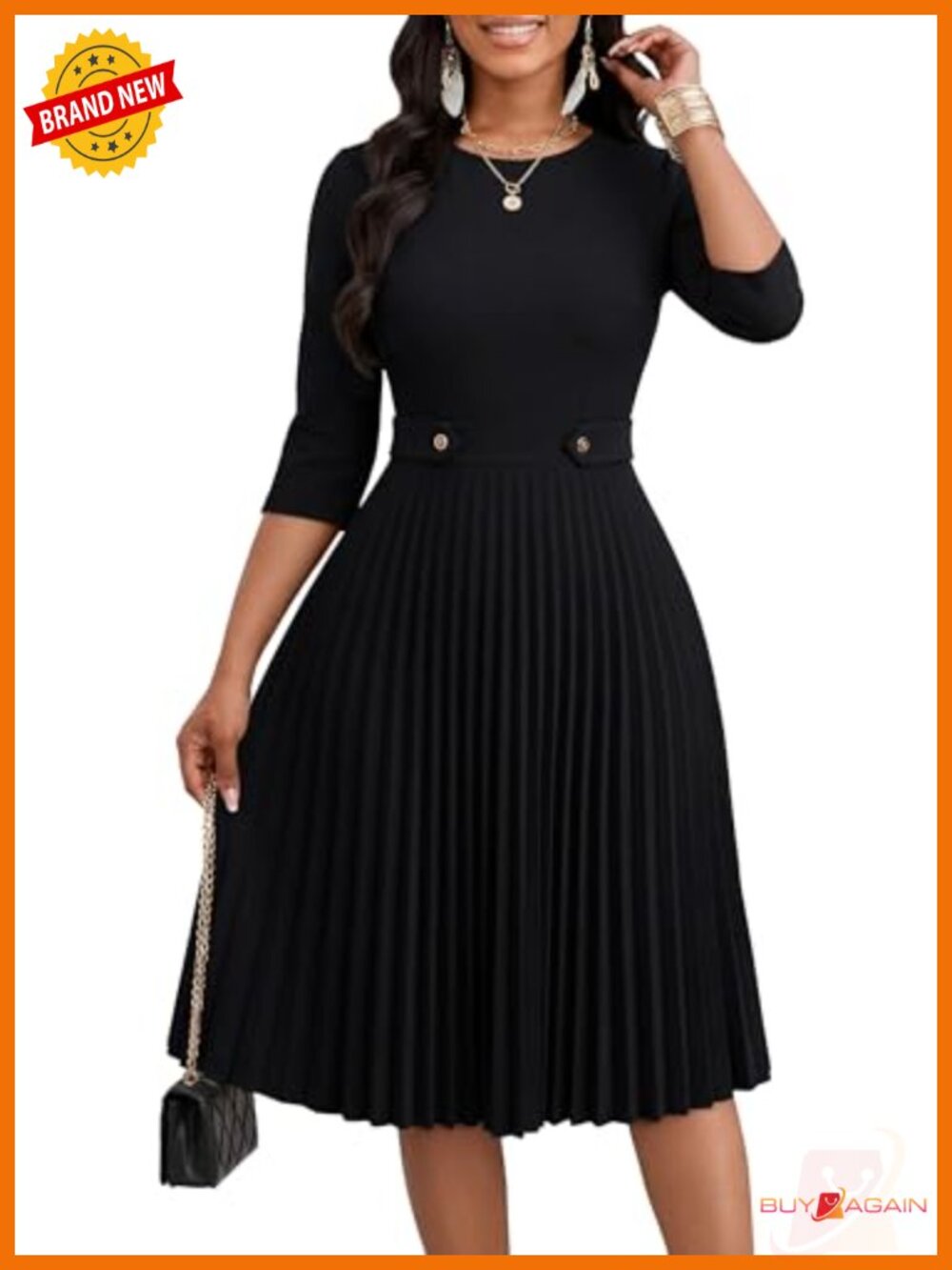 Pleated Midi Dress A-Line 3/4 Sleeve Midi Dress with Pockets